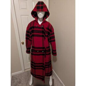 Vintage LL Bean Womens Large Long Red Wool Plaid Coat with Fringe